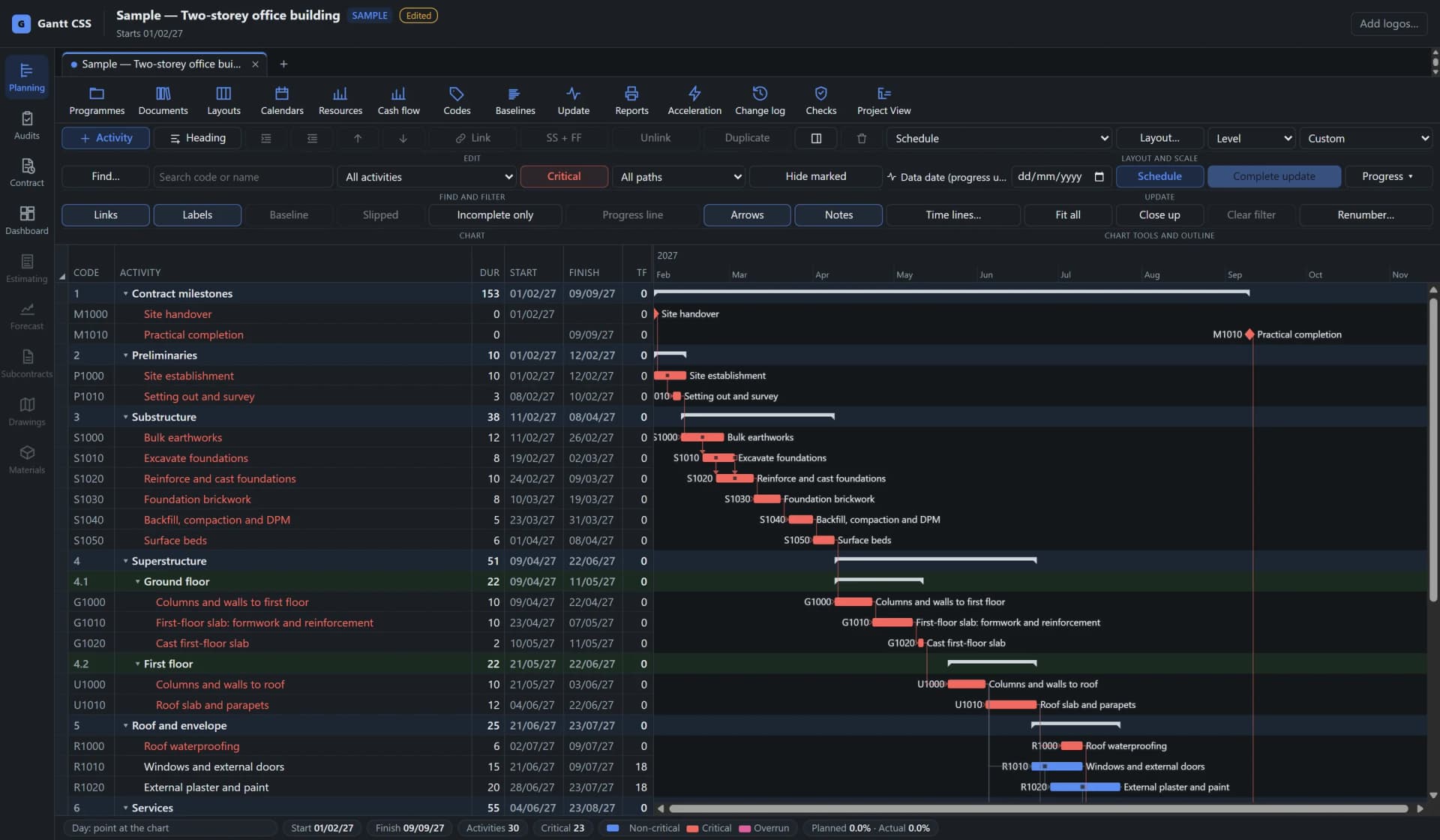 Gantt CSS in its dark theme: the activity grid beside a Gantt chart of the sample two-storey office building, with logic links and critical activities in red.